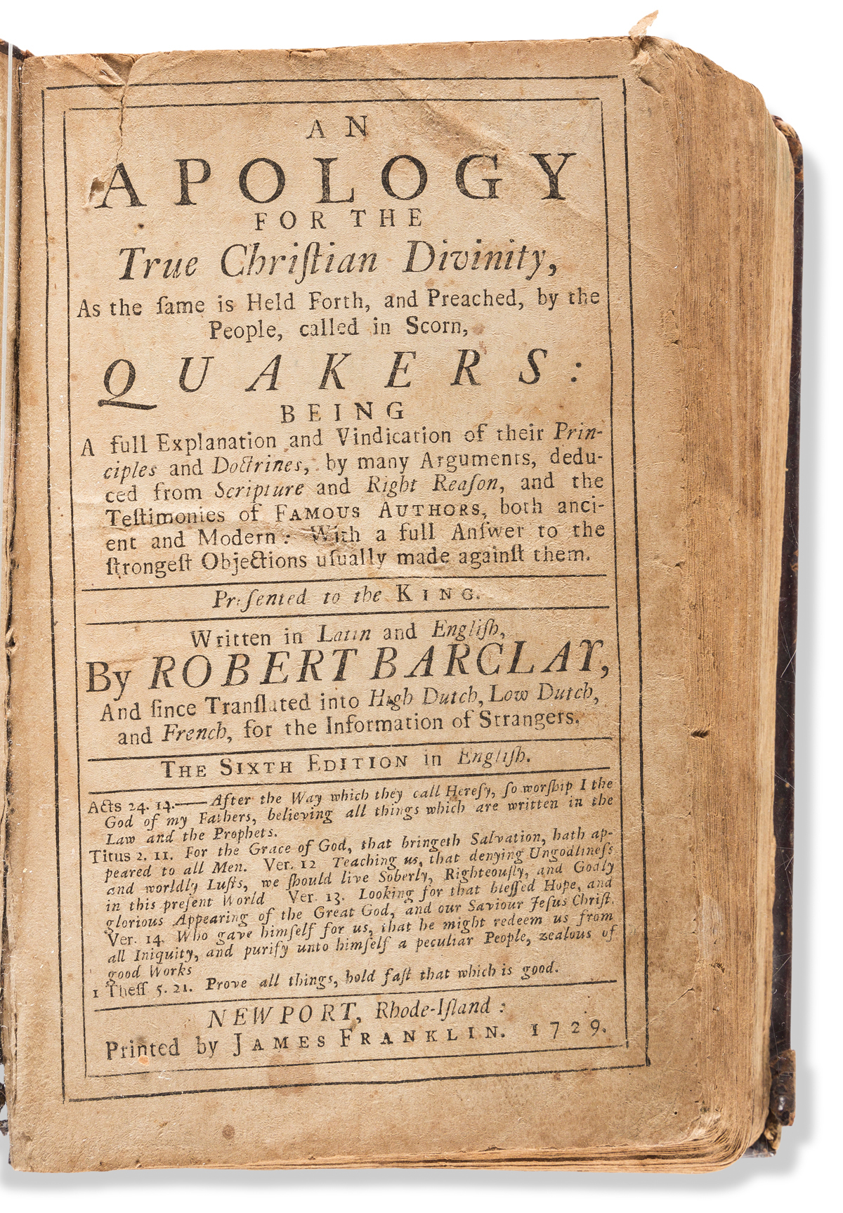 (EARLY AMERICAN IMPRINT.) Robert Barclay. An Apology for the True Christian Divinity . . . by the People, Called in Scorn, Quakers.